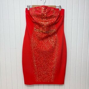 Cache‎ Vibrant Red Sexy STUDDED Thick Evening Cocktail Dress Size 14